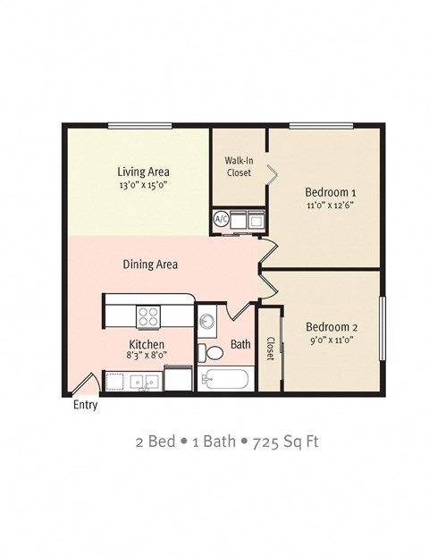 Floor plan for 2 beds, 1 bath, 725 sqft